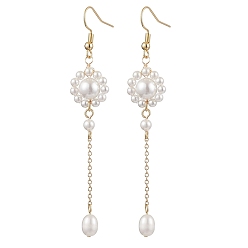 White Shell Pearl with Brass Dangle Earrings for Women, Flower, White, 82x14mm
