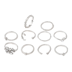 Платина 10шт. сплав с кристаллами стразами кольца для пальцев, луна/лист/сердце, платина, внутренний диаметр: 16~19 мм