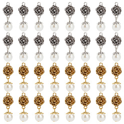 Античный Серебрянный & Античный Золотой 32 шт 2 цвета подвески из сплава в тибетском стиле, с абс пластмассовыми жемчужными бисером, цветок, старинное серебро и античный золотой, 32 мм, отверстие : 2 мм, 16 шт / цвет