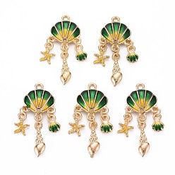 Темно-Зеленый Подвески из эмали и сплава, без кадмия, без никеля и без свинца, золотой свет, оболочка, темно-зеленый, 35.5x15x3.5 мм, отверстие : 1.8~2 мм