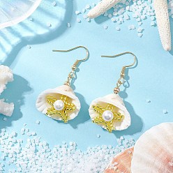 Светло-хаки В форме ракушки 304 серьги-подвески из нержавеющей стали, с подвесками из ракушек, цилиндрическим бисером и бусиной из ракушек, светлый хаки, 46x25 мм