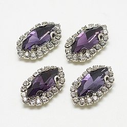 Танзания Шить на горный хрусталь, многожильных ссылки, стекло горный хрусталь, с латунной фурнитурой , аксессуары для одежды, лошадиный глаз , платина, танзанитом, 34x17.5x8 мм, отверстие : 1 мм