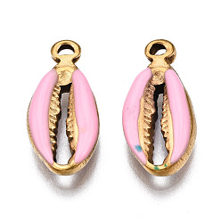 Pink 304 подвески из нержавеющей стали, с эмалью, спиральная оболочка, золотые, розовые, 17x8x3.5 мм, отверстие : 1 мм