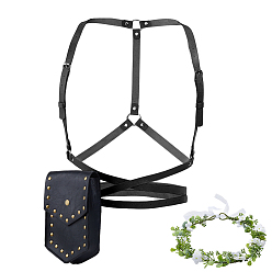 Black PU Leather Yoga Mat Straps, with Plastic Leaf Flower Wreath Headband and Medieval Alloy Rivet PU Leather Waist Bags, Black, 3600~3610x14.5mm