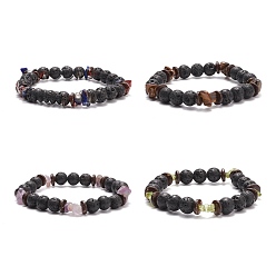 Mixed Stone Natural Lava Rock Stretch Bracelet with Gemstone Chips for Women, Inner Diameter: 2-1/4 inch(5.7cm)