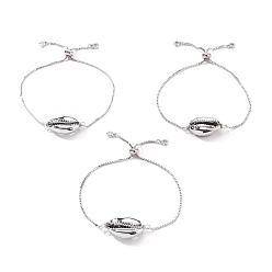 Platino Pulseras bolo de latón ajustables, pulseras deslizantes, con cuentas de concha electrochapada, conchas, Platino, 9 pulgada (23 cm)