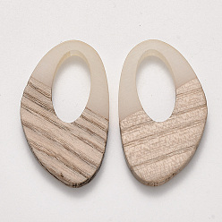 Linen Transparent Resin & Wood Pendants, Waxed, Linen, 39x23x3~4mm, Hole: 20x10mm