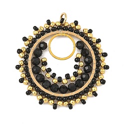 Black 304 Stainless Steel & Brass & Dyed & Heated Natural Black Onyx & TOHO Glass Seed Beaded Pendants, Flat Round Charms, with Open Jump Rings, Black, 36x35x3.5mm, Hole: 2.5mm