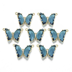 Темный Голубой Экологически чистые соединители звеньев из сплава, со стеклом и прозрачным кубическим цирконием, бабочка, без никеля , золотой свет, темные голубые, 16x24x6 мм, отверстие : 1.2 мм