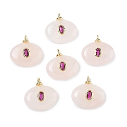 Розовый Кварц Природного розового кварца подвески, Овальные подвески с латунной микрофиброй и отделкой из кубических цирконий, без свинца и без кадмия, долговечный, стойки покрытие, реальный 18 k позолоченный, 20x20x6 мм, отверстие : 2 мм