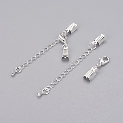 Silver Brass Chain Extender, with Clasp & Clip Ends Set, Lobster Claw Clasp and Cord Crimp, Nickel Free, Silver Color Plated, Chain: 50x3.5mm, Hole: 1.5mm, Clasp: 12x7.5x3mm, Cord Crimp: 13x5mm
