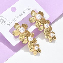 Золотой 304 искусственный жемчуг из нержавеющей стали и АБС-пластика 3 серьги-гвоздики в виде цветов, ионное покрытие (ip), золотые, 39x18.5 мм