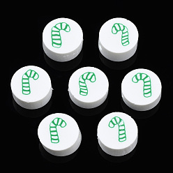 Green Handmade Polymer Clay Beads, Flat Round with Christmas Candy Cane, Green, 9~9.5x4~4.5mm, Hole: 1.5mm