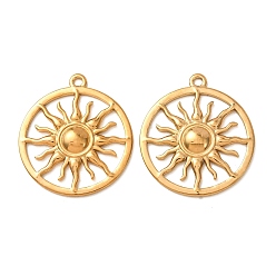 Real 18K Gold Plated 304 Stainless Steel Pendants, Flat Round with Sun Charms, Ion Plating(IP), Real 18K Gold Plated, 27x24x3mm, Hole: 1.7mm