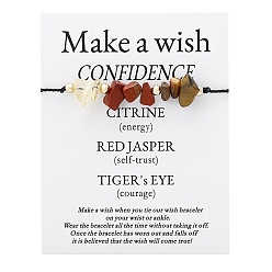 Смешанные камни Браслеты из плетеных бусин из натурального тигрового глаза, красной яшмы, цитрина и латуни с регулируемой микросхемой, 6-1/4~10-1/4 дюйм (16~26 см)