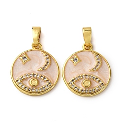 Настоящее золото 18K Латунные микро проложить кубического циркония подвески, с эмалью, плоские круглые подвески с конским глазом, луной и звездами, реальный 18 k позолоченный, 16.5x14.5x2 мм, отверстие : 4x2.5 мм