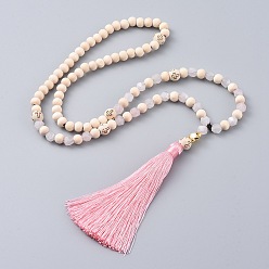 Pink Nylon Tassel Pendant Necklaces, with Wood Beads, Natural Spiral Shell Beads, Natural Rose Quartz Beads and Alloy Findings, Pink, 26.7~27.5 inch(68~70cm)