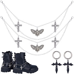 Античный Серебристый & Платиновый 4шт. 2 стили латунных витых цепочек и наборов подвесок для обуви из сплава, крест и мотылек, старинное серебро и платина, 71~265 мм, 2 шт / комплект