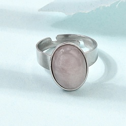 Rose Quartz Adjustable 304 Stainless Steel Finger Rings for Women, with Natural Rose Quartz, Oval, Stainless Steel Color, 17mm