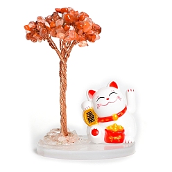 Red Agate Natural Red Agate Chips Tree Decorations, Plastic Lucky Cat with Copper Wire Feng Shui Energy Stone Gift for Women Men Meditation, 80mm