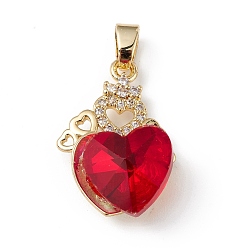 Red Real 18K Gold Plated Rack Plating Brass Micro Pave Clear Cubic Zirconia Pendants, with Glass, Long-Lasting Plated, Cadmium Free & Lead Free, Heart Charm, Red, 24x16x8mm, Hole: 5mm