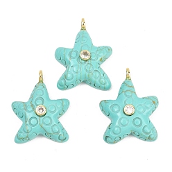 Синтетическая Бирюза Окрашенные синтетические бирюзовые подвески, Подвески в виде морских звезд с латунными микрофибровыми вставками из прозрачного кубического циркония., 27~28.5x21~21.5x8.5~9 мм, отверстие : 3 мм