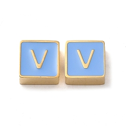 Letter V 304 aus Stahl-Email-Perlen, echt 14 k vergoldet, Quadrat mit Buchstaben, Schreiben v, 8x8x4 mm, Bohrung: 2 mm