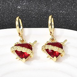 Золотой Серьги-кольца из латуни и стекла в форме сердца, долговечный, без кадмия и без свинца, золотые, 28.5x15 мм