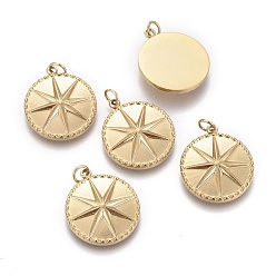 Золотой Ионное покрытие (ip) 304 подвески из нержавеющей стали, с целью перехода в кольце, плоский круглый с восьмиконечной звездой, золотые, 17.5x15x3 мм, отверстие : 2.6 мм
