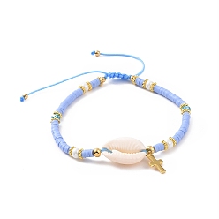 Light Sky Blue Adjustable Nylon Thread Braided Bead Bracelets, with Cross Charms, Natural Cowrie Shell Beads and Polymer Clay Heishi Beads, Golden, Light Sky Blue, Inner Diameter: 2-1/8~2-3/4 inch(5.3~7cm)