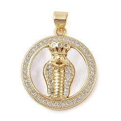 Real 18K Gold Plated Brass Micro Pave Clear Cubic Zirconia Pendants, Cadmium Free & Lead Free, with Shell,Flat & Snake, Real 18K Gold Plated, 21.5x6.5mm, Hole: 4mm