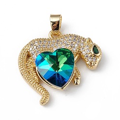 Medium Blue Real 18K Gold Plated Rack Plating Brass Micro Pave Clear Cubic Zirconia Pendants, with Glass, Long-Lasting Plated, Cadmium Free & Lead Free, Leopard with Heart Charm, Medium Blue, 24.5x25x8.2mm, Hole: 5x3.2mm