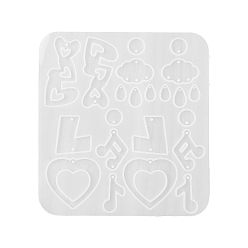Белый DIY силиконовые формы для кулона, формы для литья смолы, для уф-смолы, изготовление изделий из эпоксидной смолы, прямоугольник с музыкальной нотой, сердцем и слезой, белые, 145x135x3.5 мм, отверстие : 1.5 мм, внутренний диаметр: 12~54x7~41 мм
