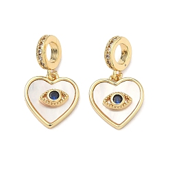 Настоящее золото 18K Подвески-шармы из латуни с микропаве, прозрачными и синими кубическими циркониями, в европейском стиле., Подвески в форме сердца с большим отверстием и изображением сглаза, украшенные натуральной ракушкой., стойки покрытие, долговечный, без свинца и без кадмия, реальный 18 k позолоченный, 23 мм, отверстие : 5 мм