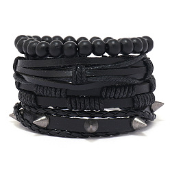 Черный 4 шт. 4 стили браслеты из деревянных бусин и шнуры из искусственной кожи для мужчин, чёрные, 2-1/8~2-3/4 дюйм (5.5~7 см)