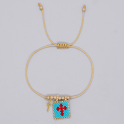 Темно-Голубой Браслеты в богемном стиле из стеклянных бусин и подвесок из нержавеющей стали, плетеные браслеты из латунных бусин для женщин, прямоугольник с крестом, глубокое синее небо, 304 дюйм (7.87 см)