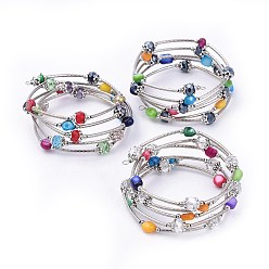 Mixed Color 5 Loops Wrap Bracelets, with Faceted Glass Beads, Erose Freshwater Shell Beads, Brass Tube Beads, Iron Spacer Beads and Tibetan Style Alloy Bead Caps, Mixed Color, 2-1/8 inch(5.5cm)