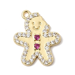 Gingerbread Man Рождественские латунные подвески с микропаве из фианита, стойки покрытие, долговечный, без кадмия и без свинца, реальный 18 k позолоченный, Колобок, 17x14x2 мм, отверстие : 1.4 мм