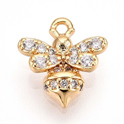 Настоящее золото 18K Латунные микропаве прозрачные подвески с фианитом, прелести пчел, без кадмия, без никеля и без свинца, реальный 18 k позолоченный, 11.2x10.1x3 мм, отверстие : 1.2 мм
