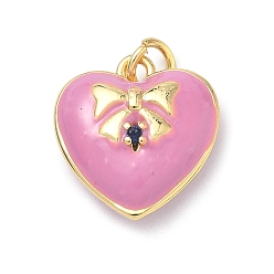Pink Латунные микро проложить кубического циркония прелести, сердце, с эмалью и кольцом для прыжков, без кадмия и без свинца, стойки покрытие, долговечный, реальный 18 k позолоченный, розовые, 15.5x15x5.5 мм, отверстие : 3.3 мм