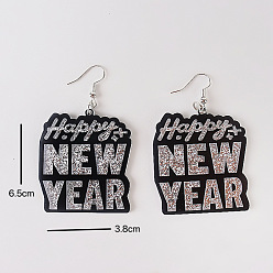 Серебро Акриловые серьги-подвески с надписью «С Новым годом», платина, серебряные, 65x38 мм