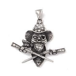 Antik Silber Farbe 304 Kristall-Strass-Anhänger aus Edelstahl, Totenkopf-Anhänger, Antik Silber Farbe, 45x47x7 mm, Bohrung: 8x4 mm