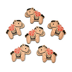 Персиковый Слойка Печатные деревянные подвески, лошади прелести, розовые, 36.5x40x3 мм, отверстие : 2 мм