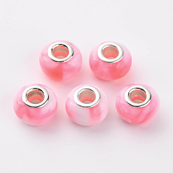 Ярко-Розовый Непрозрачная смола европейский бисер, бусины с большим отверстием, Стиль имитация драгоценных камней, с двойных ядер серебрянного цвета, рондель, ярко-розовый, 14x9.5 мм, отверстие : 5 мм