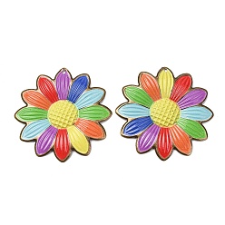 Flower Rainbow Color Printed Iron Pendants, Red Copper, Colorful, Daisy Charm, 48.5x2.5mm, Hole: 1.6mm