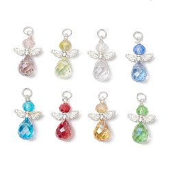 Серебро Подвески гальванизируйте стекла, подвески-ангелы в форме слезы, с крыльями из сплава и экологически чистыми медными проволочными штифтами, граненые, разноцветные, серебряные, 22x14x7.5 мм, отверстие : 3.5 мм