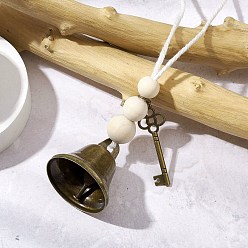 Key Железный колокольчик подвесные украшения, Подвеска из круглой бусины из дерева и макраме из хлопкового шнура и сплава для украшения стены дома, двери, ключ, 195~200 мм, подвеска: 46x15x1 мм.