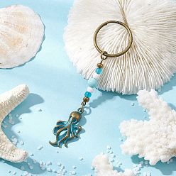 Осьминог Брелки с подвеской в виде ракушки из сплава, со стеклянными бусинами, латунными соединительными кольцами, натуральными бусинами из говлита, никелированными разъемными кольцами с железным покрытием и железной булавкой с ушком, античная бронза, осьминог, 93 мм