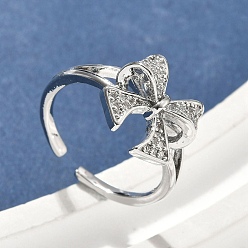 Платинированный Латунные микро проложить манжеты кольца кубического циркония, без кадмия, без никеля и без свинца, бантом, Реальная платина, 12x13 мм