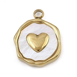 Настоящее золото 18K Натуральный белый оболочки подвески, плоский круглый с сердечками, с 304 установками из нержавеющей стали, ионное покрытие (ip), реальный 18 k позолоченный, 16x12.5x3 мм, отверстие : 1.8 мм